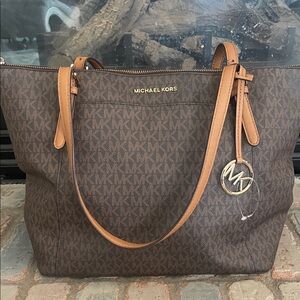 Michael Kors Brown MK Signature Tote with Tan Trim and Gold Accent